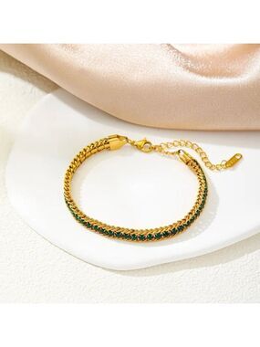 18K Gold Plated Stainless Steel Green Stone Chain Bracelet – Waterproof.
